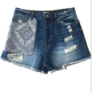 Easel Bandanna Patchwork Pocket Jean Shorts NWT
